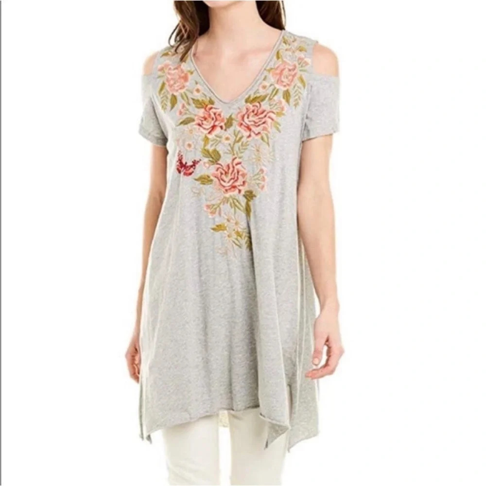 Johnny Was Cecile V-Neck Cold-Shoulder Jersey Tunic Dress Embroidery Grey Small